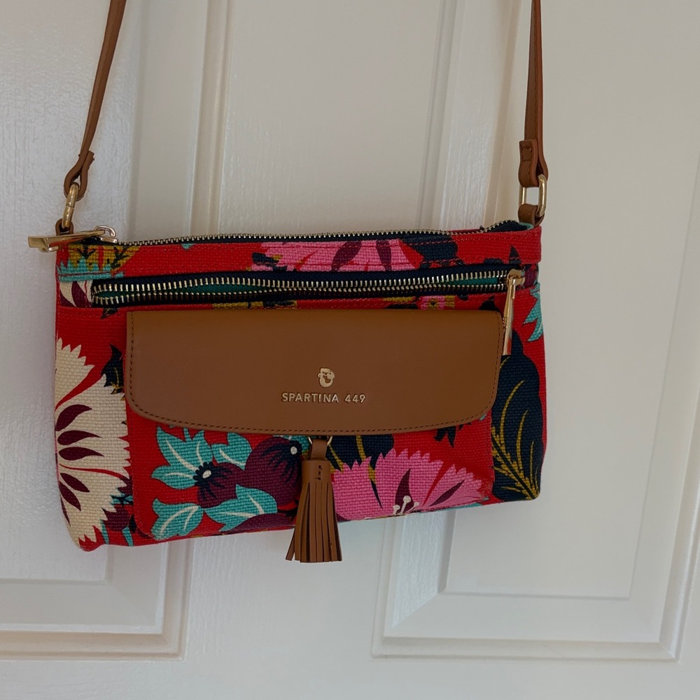 Spartina 449 Vibrant Floral Crossbody Bag - Red and Tan